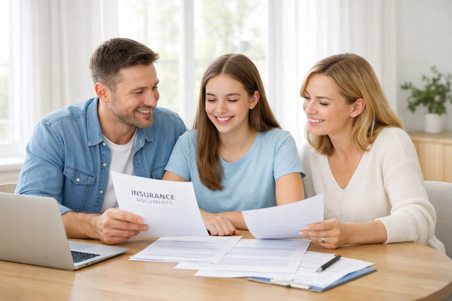 Family reviewing car insurance quotes and documents together at home