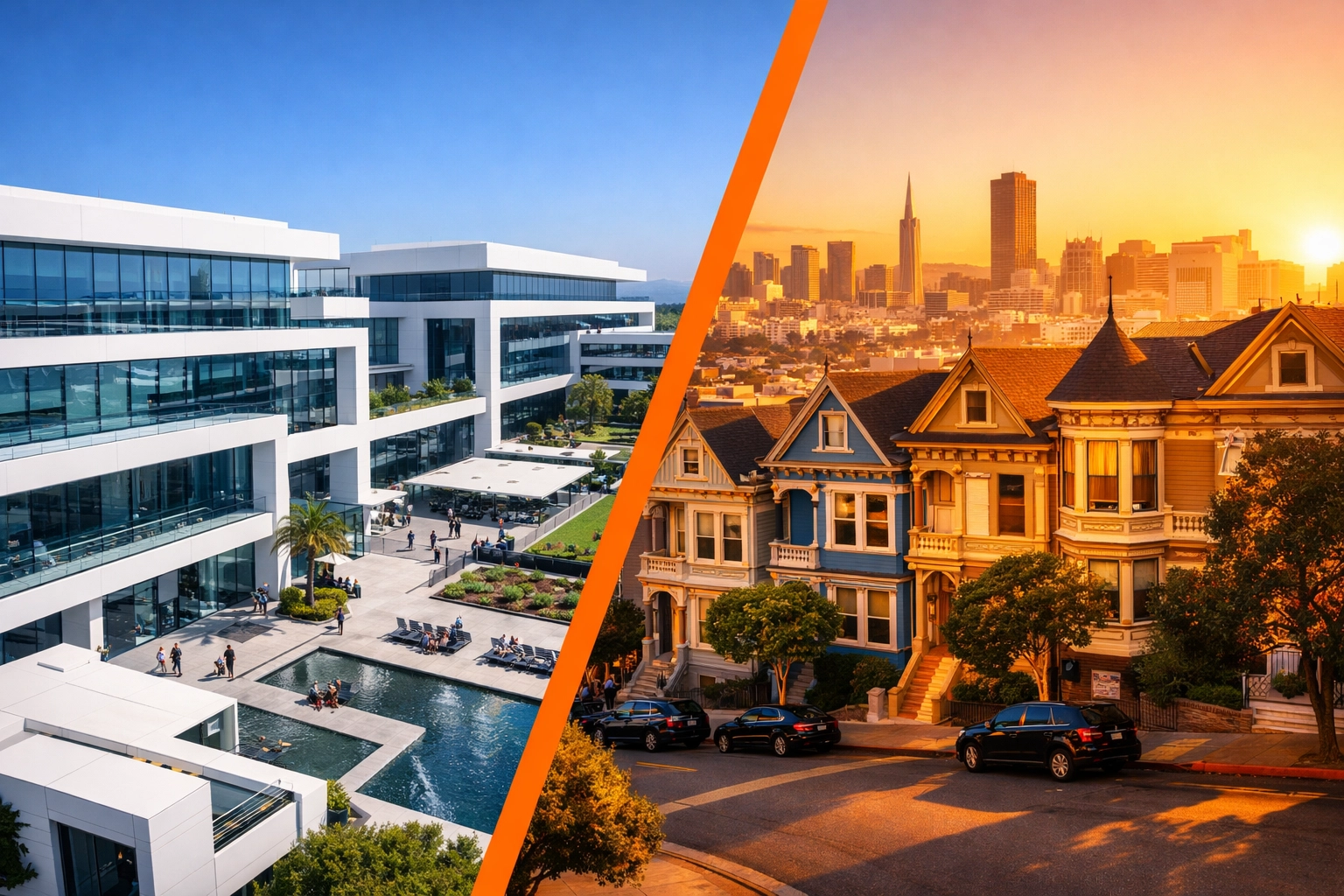 Bay Area tech campus and Victorian homes showing AI boom impact on housing demand