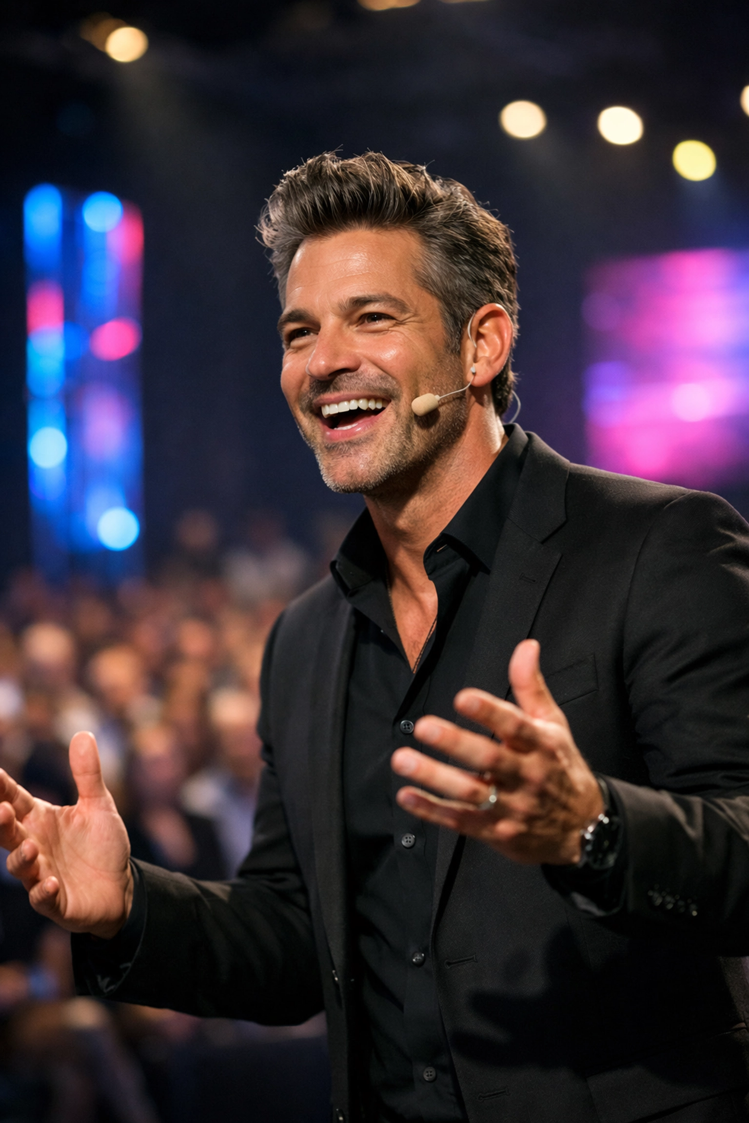 Professional conference photographer Miami capturing a keynote speaker on stage with cinematic lighting.