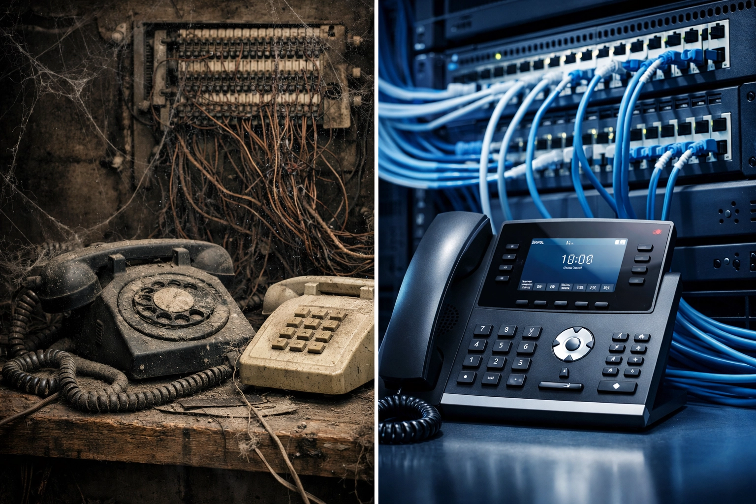 Old analog copper POTS equipment compared to modern VoIP phone system infrastructure