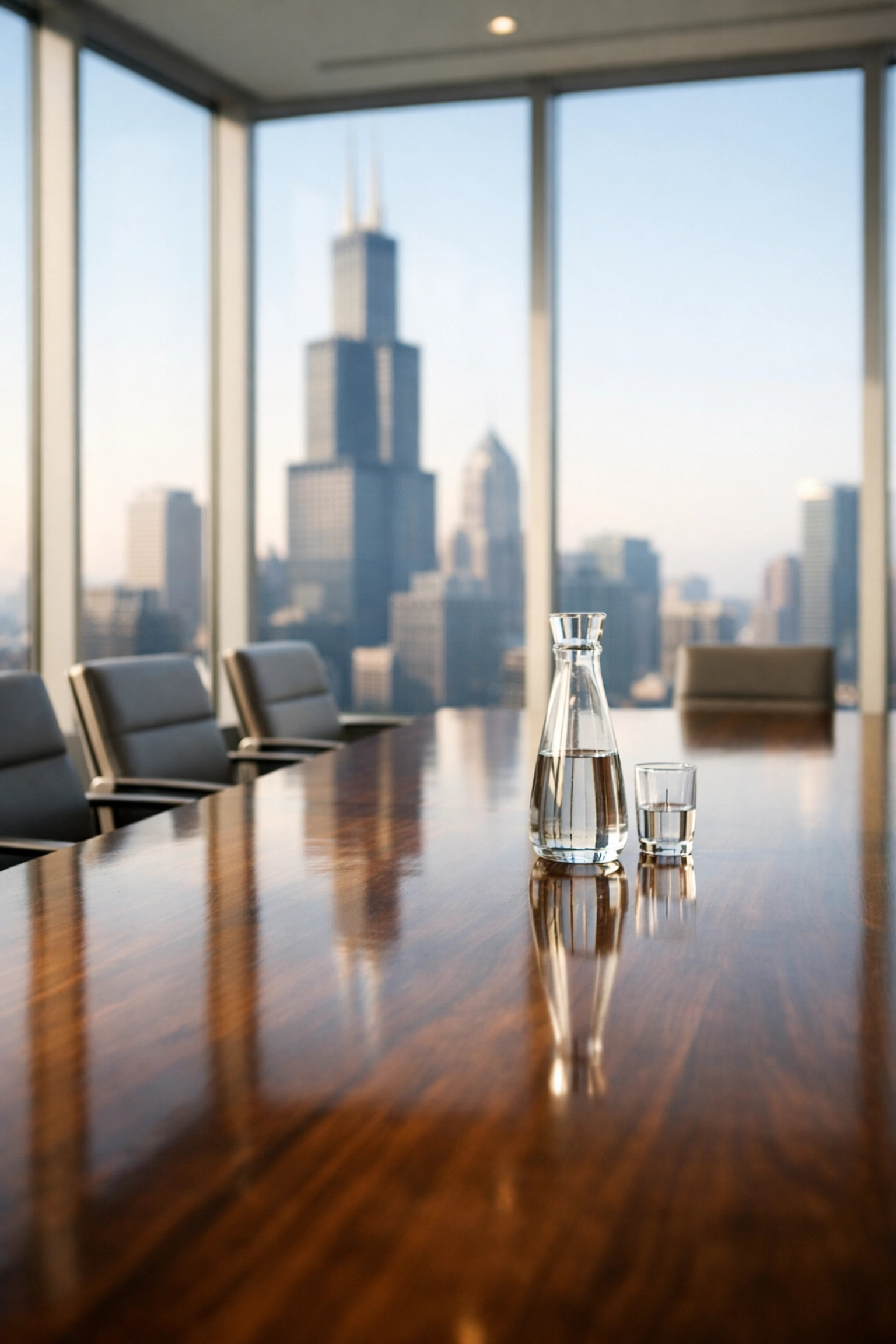 Clean Chicago high-rise conference room overlooking the city skyline reflecting professional office standards.