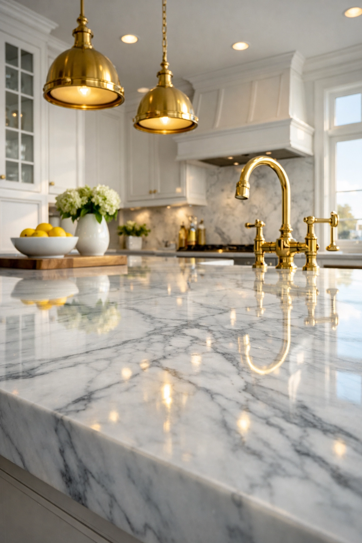 Pristine luxury cleaning in Marblehead for a marble kitchen island in a high-end coastal estate.