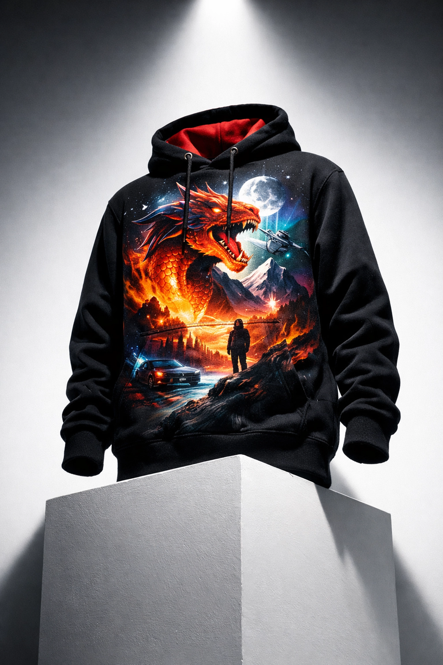 Single custom-printed hoodie showcasing no minimum order policy and quality craftsmanship