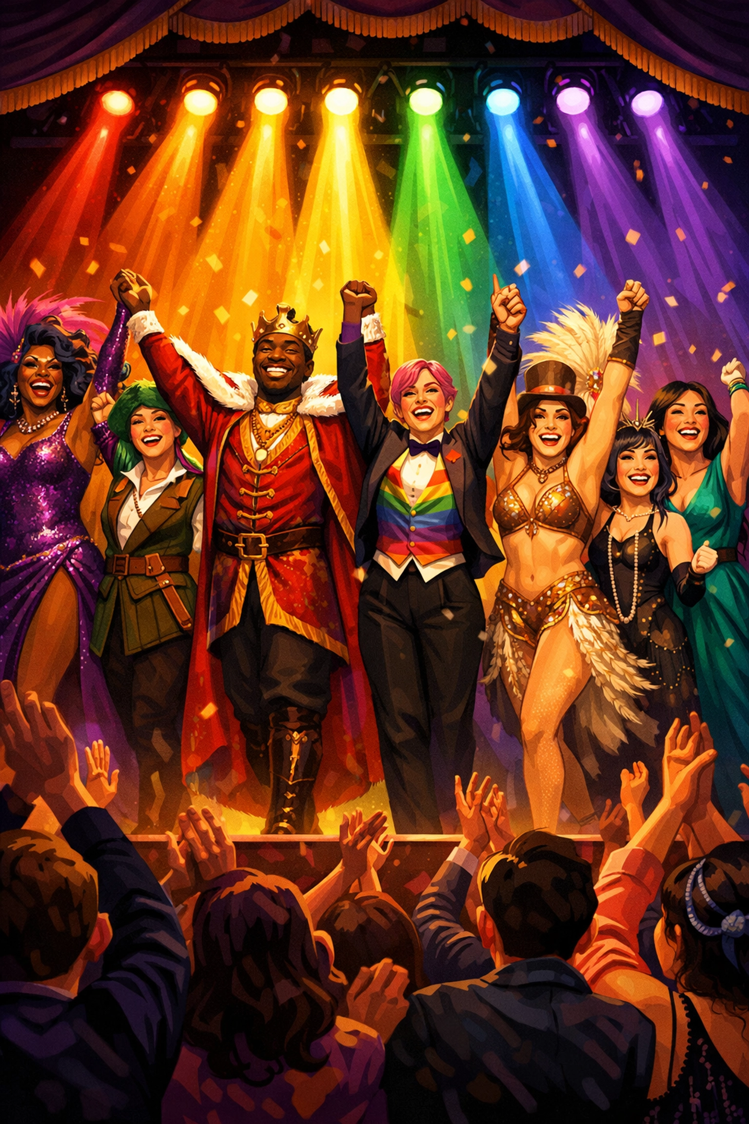 Diverse LGBTQ+ theatre performers celebrating during curtain call