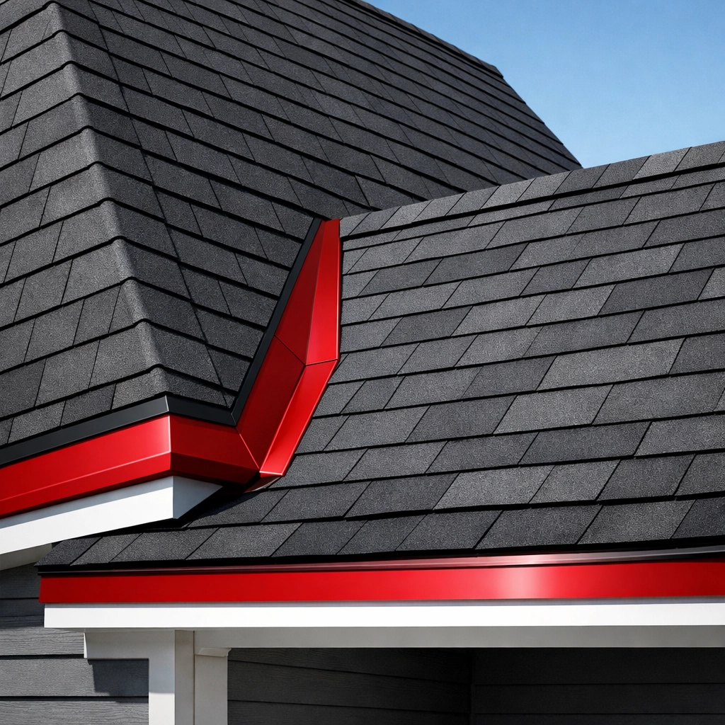 Professional roofing detail showing a pitch break transition between steep and shallow roof slopes.