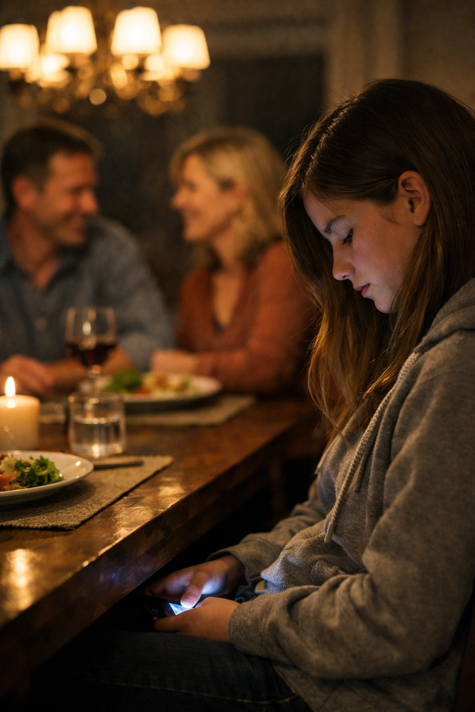 Teen girl distracted by her phone at dinner while parents talk, showing signs of social media isolation.