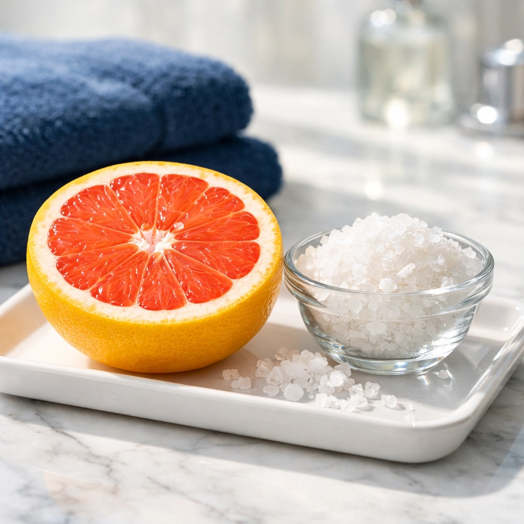 Fresh grapefruit halves and salt prepared on a bathroom vanity for a natural bathtub cleaning tip.