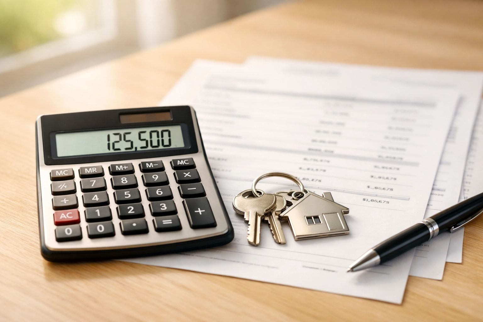 Calculator and house keys on desk representing HOA fee budgeting and home buying costs