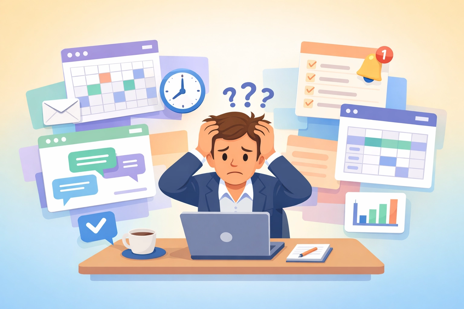 Business owner overwhelmed by multiple software tools and browser tabs creating workflow chaos