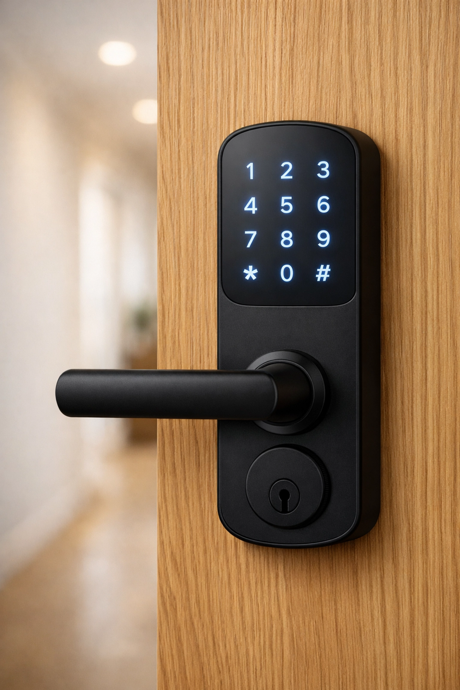 Secure digital keypad lock on a private bedroom door in a professionally managed co-living home.