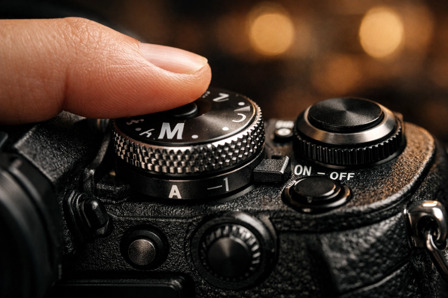 Photographer's hand adjusting manual mode camera settings on a professional mirrorless camera dial.