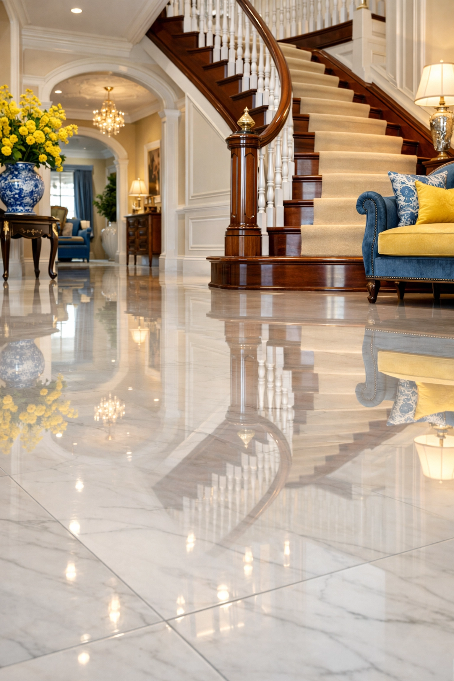 Polished marble foyer reflecting professional deep cleaning MA standards for Massachusetts homes.