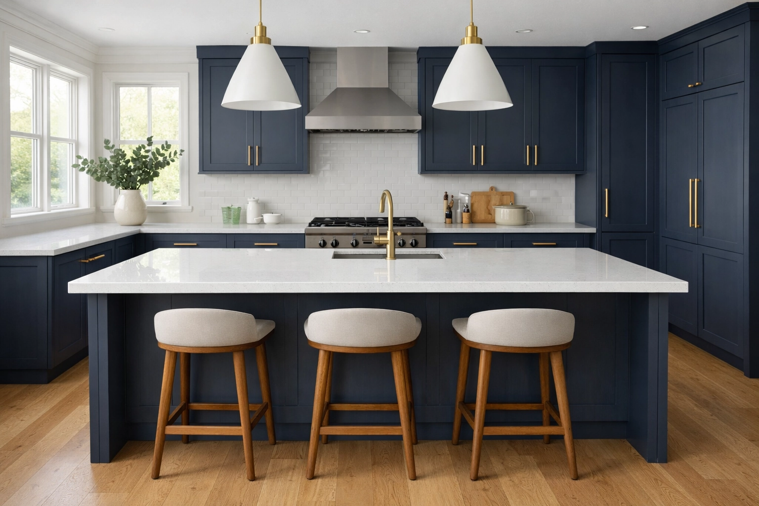 Modern kitchens Derby design featuring a quartz island, navy cabinetry, and high-end bespoke finishes.