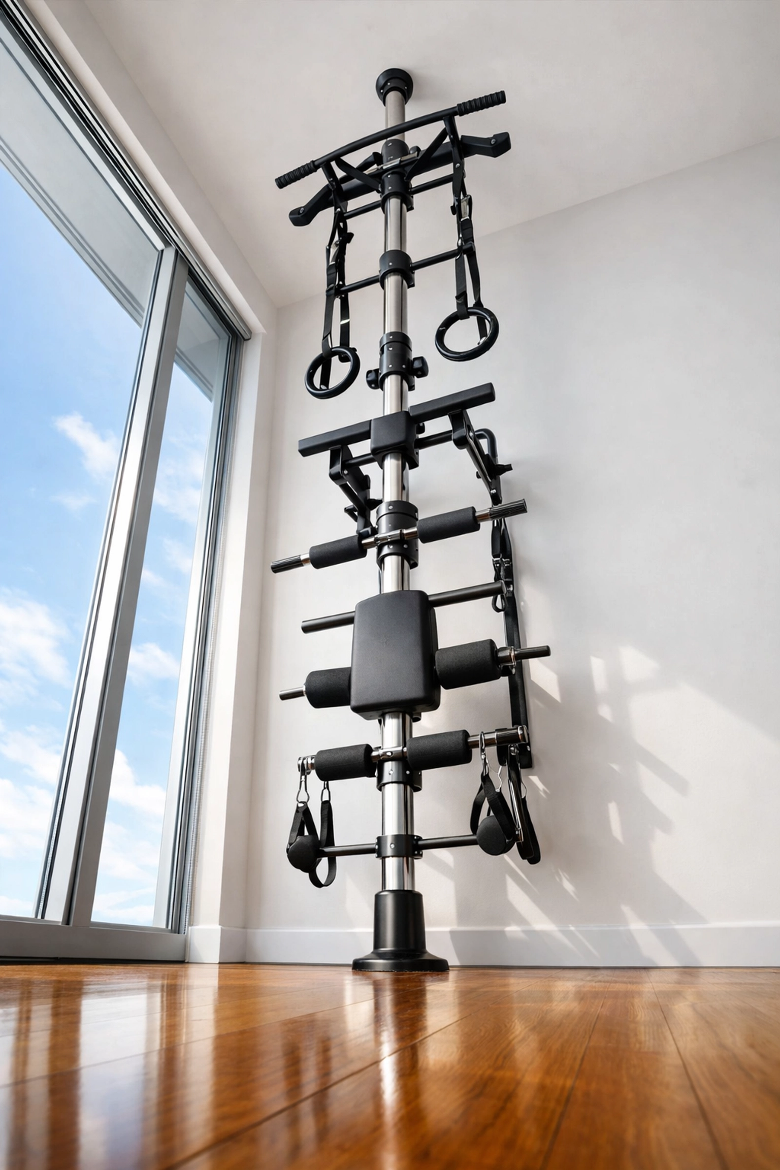 Secure no wall damage workout system anchored from floor to ceiling for heavy resistance.