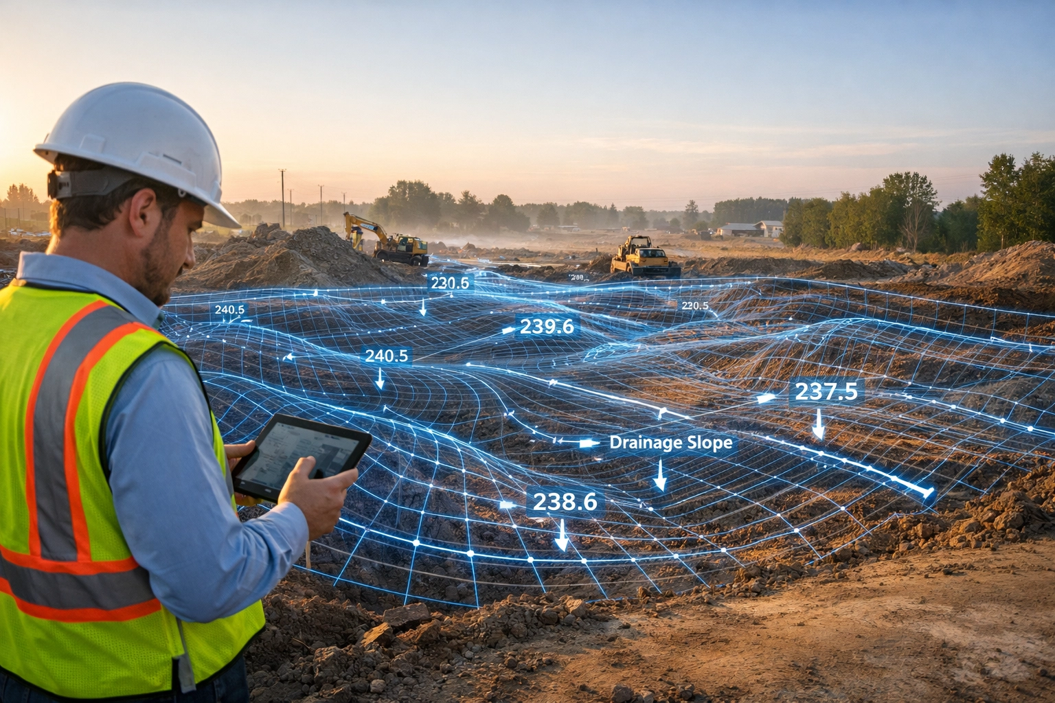 Civil engineer reviewing a professional site grading plan for a building permit on an Ontario construction site.