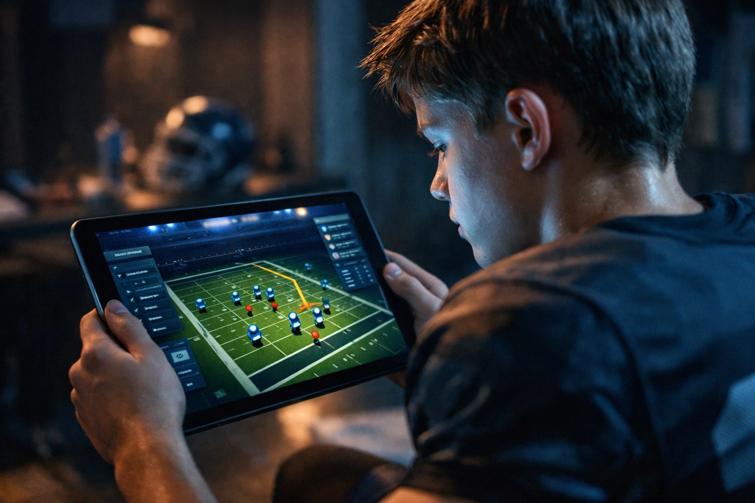 Young quarterback using the digital training portal for mental reps and decision-making skills.