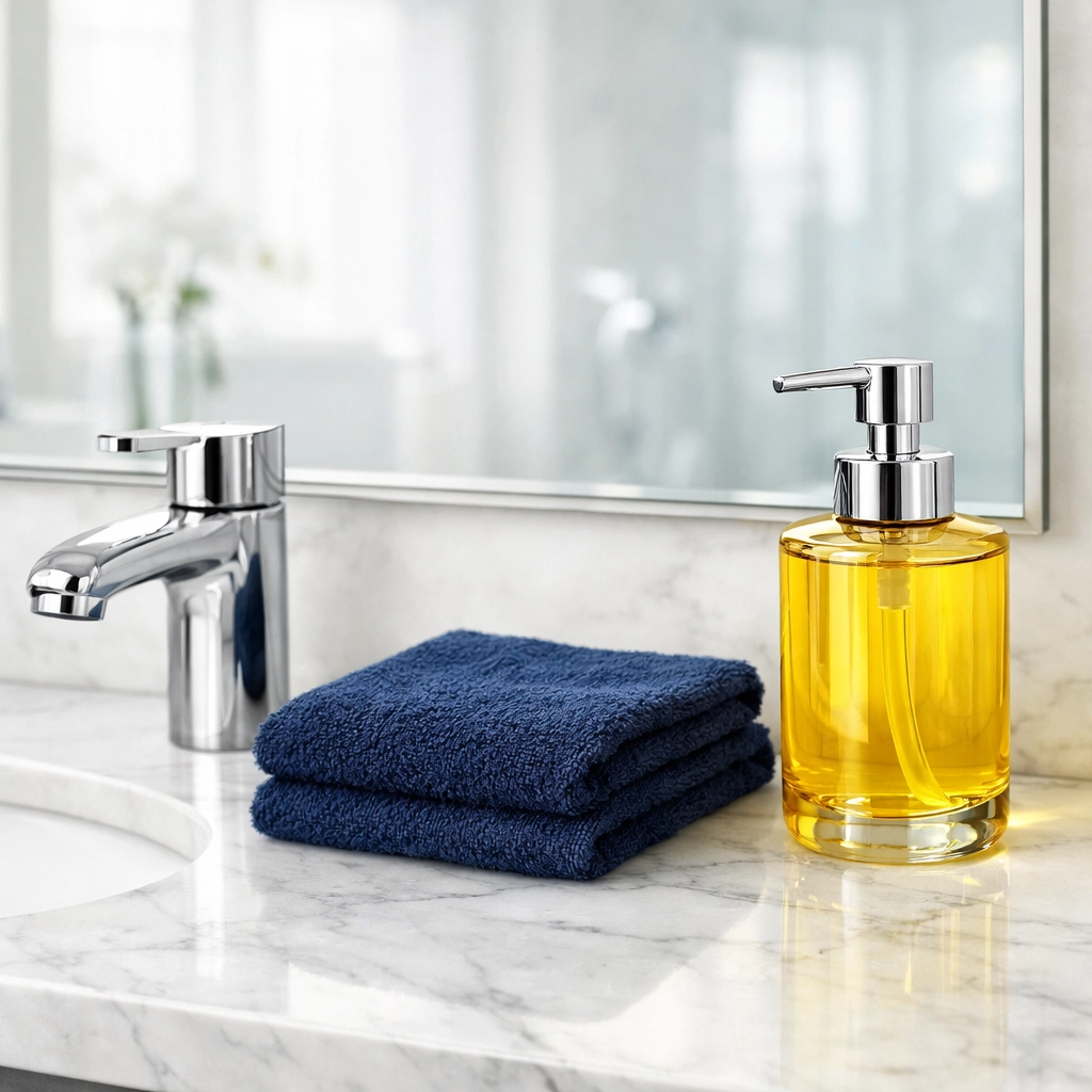 Pristine marble bathroom vanity and chrome fixtures following a deep house cleaning Ashburnham MA service.