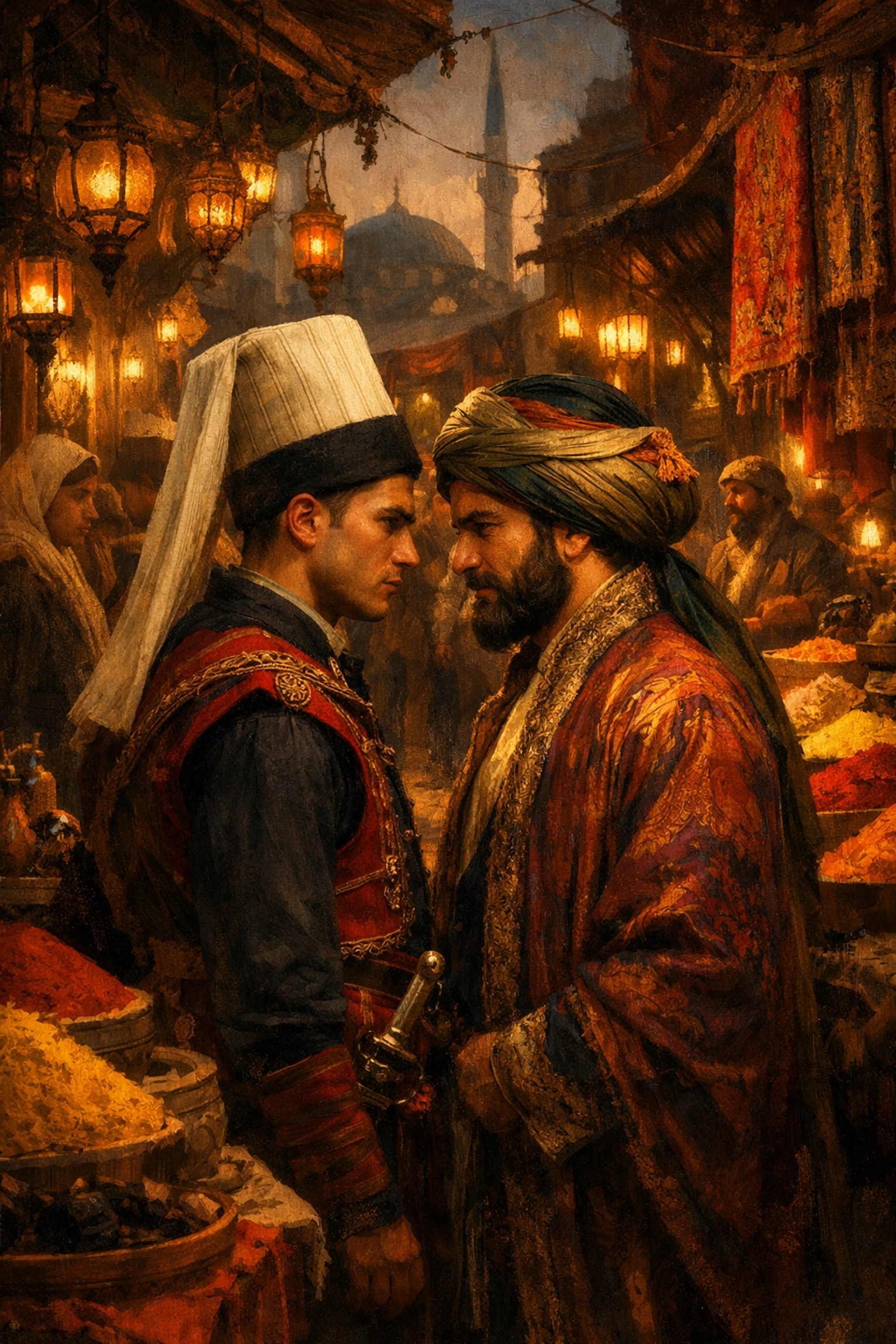 Janissary soldier meets merchant's gaze in bustling Ottoman marketplace at dusk