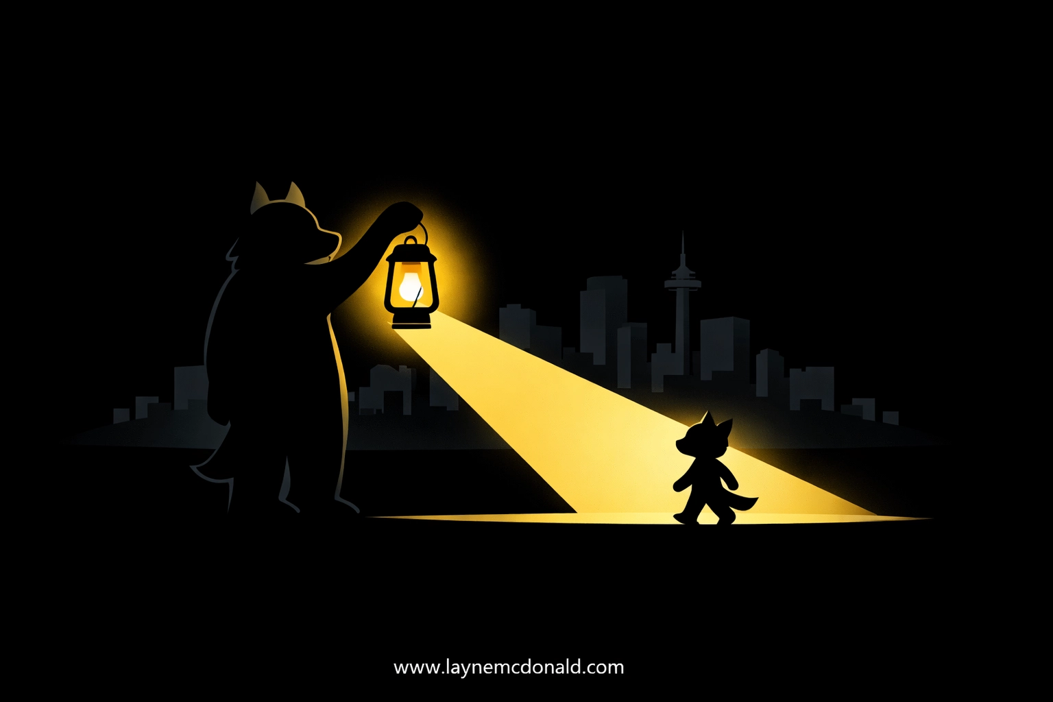 A mentor animal guiding a young child with a lantern, representing spiritual discipleship at www.laynemcdonald.com.