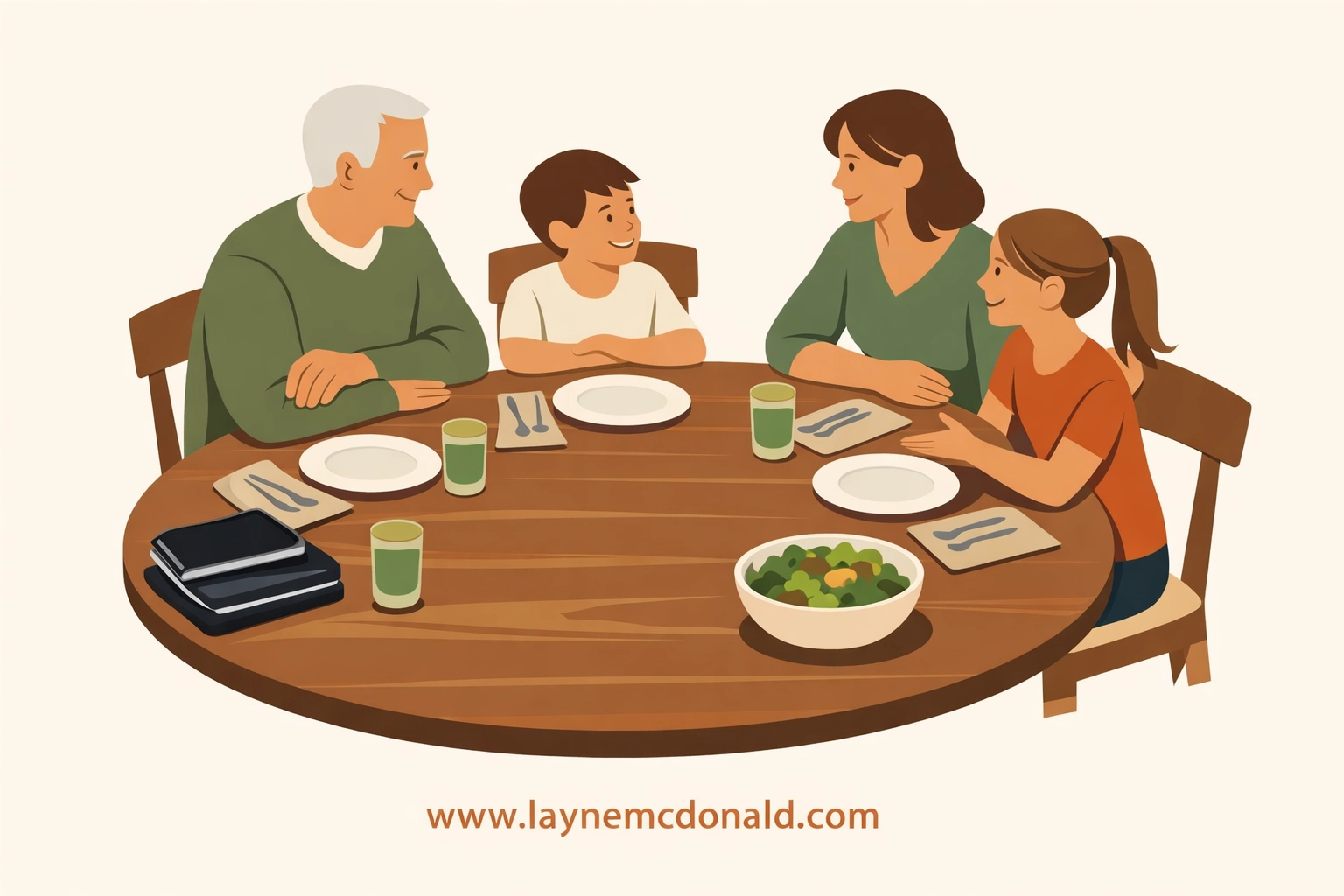 Family enjoying dinner together with devices set aside practicing healthy screen time boundaries