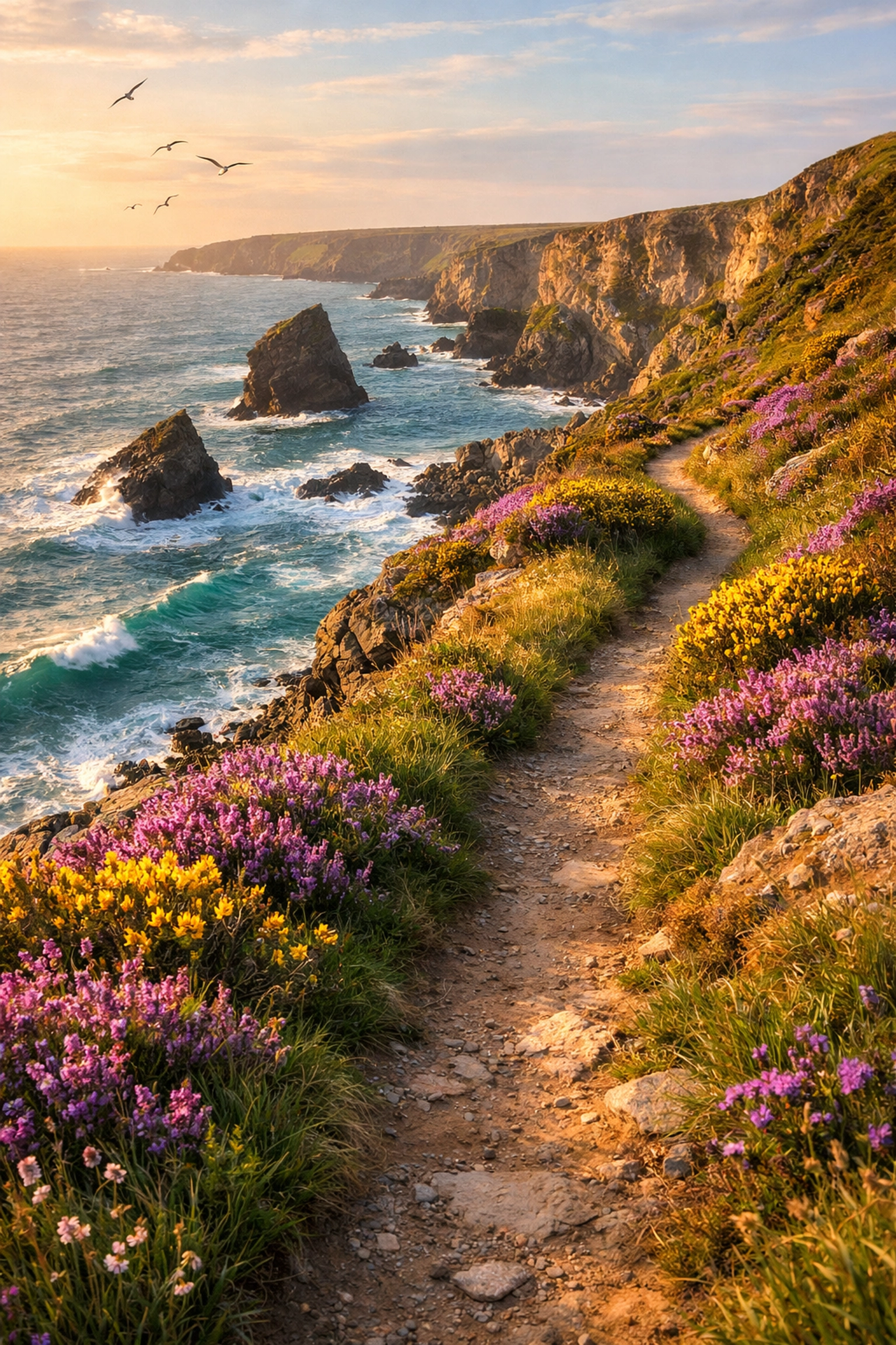 Hidden coastal path with dramatic cliffs and wildflowers along UK shoreline