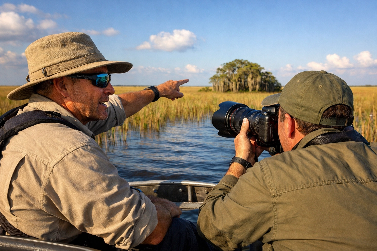 Photography guide pointing out wildlife to a photographer during a custom Everglades tour.