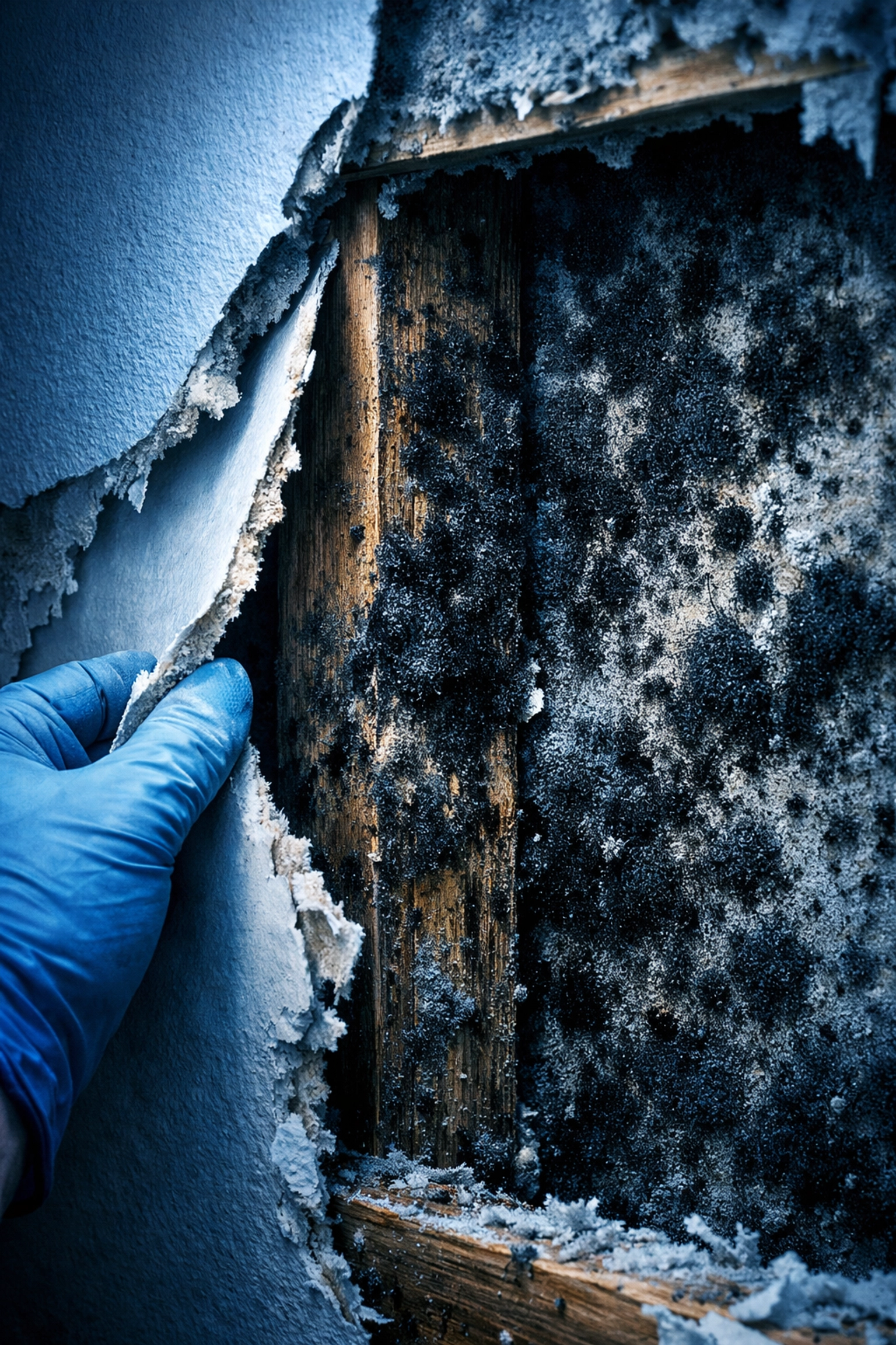 Hidden black mold growth behind drywall in residential wall requiring professional testing