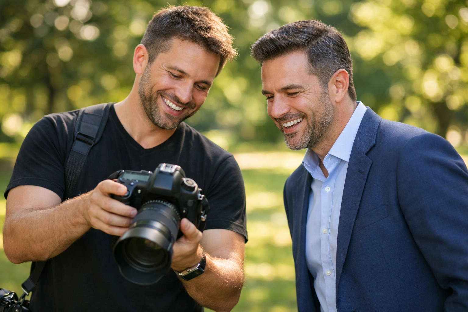 Professional photographer showing photos to a client during an outdoor shoot to illustrate business scaling.