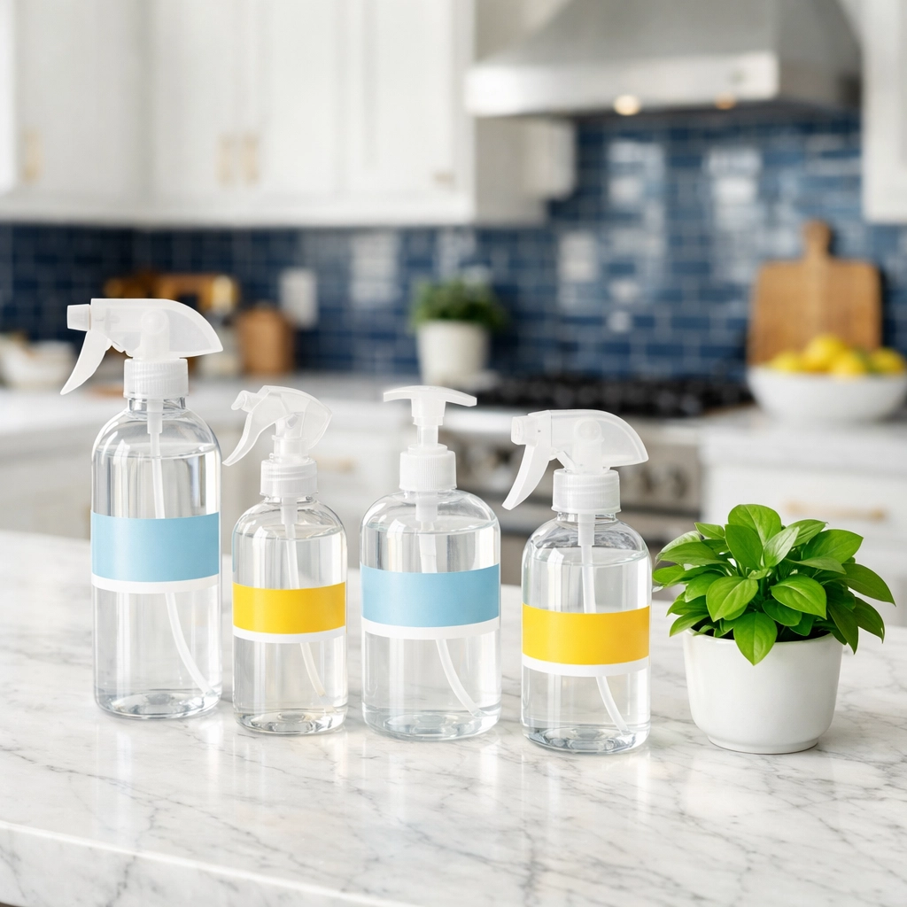 Eco-friendly spray bottles and green plants for safe house cleaning services in MA on a marble counter.