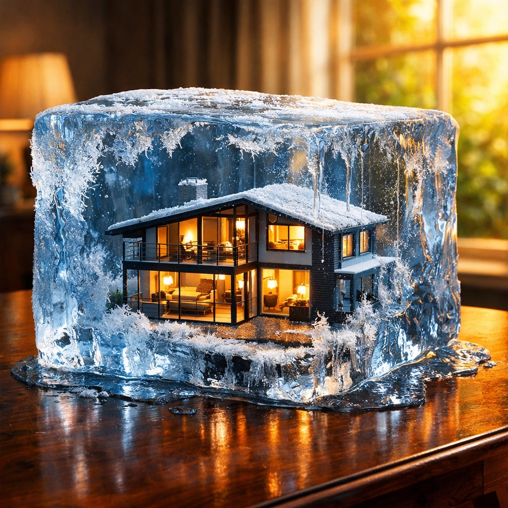 A miniature home trapped in a block of ice, symbolizing frozen inheritance tax nil-rate bands.
