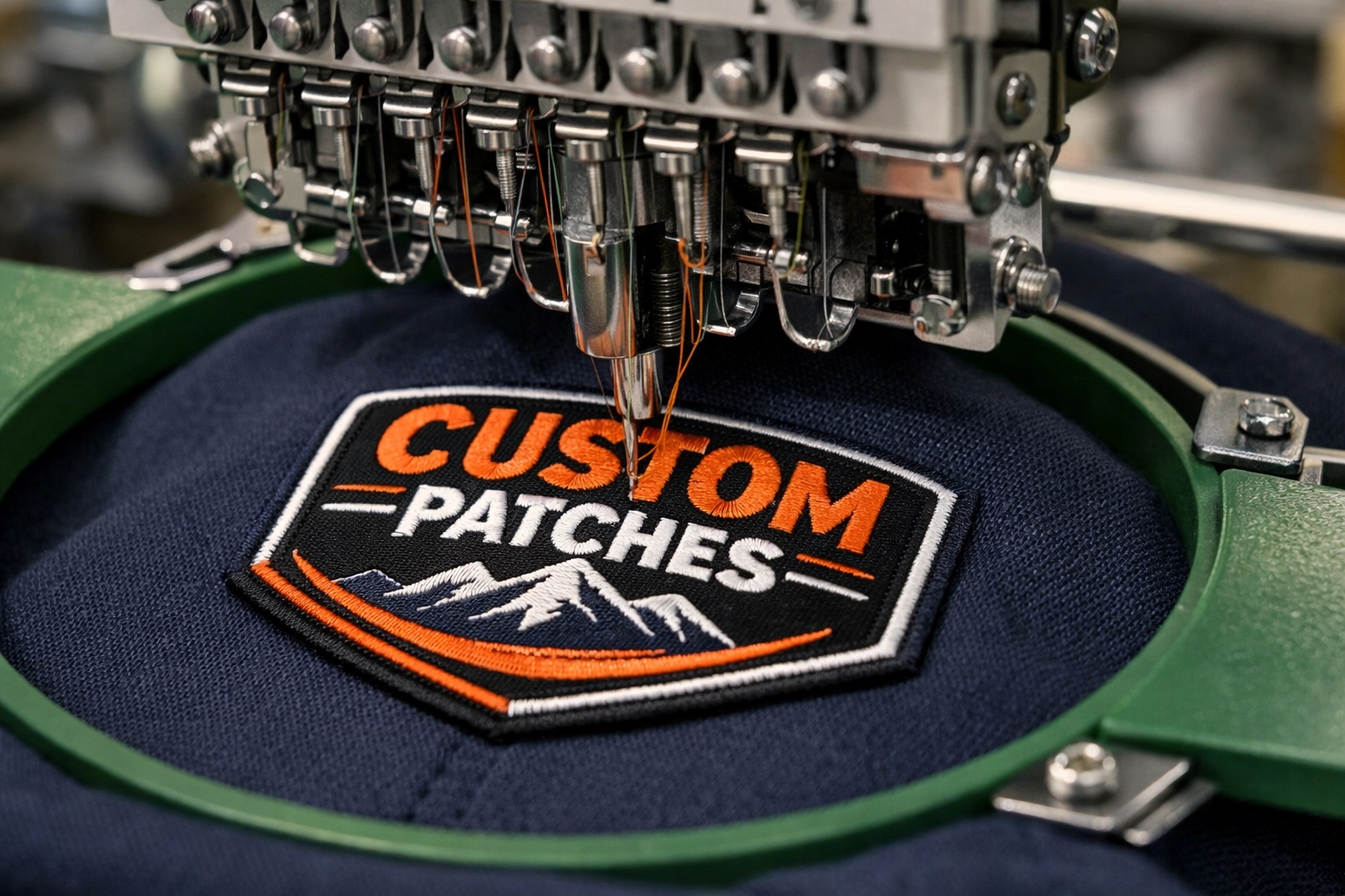 Embroidery machine creating custom patch with proper stitch density on navy fabric