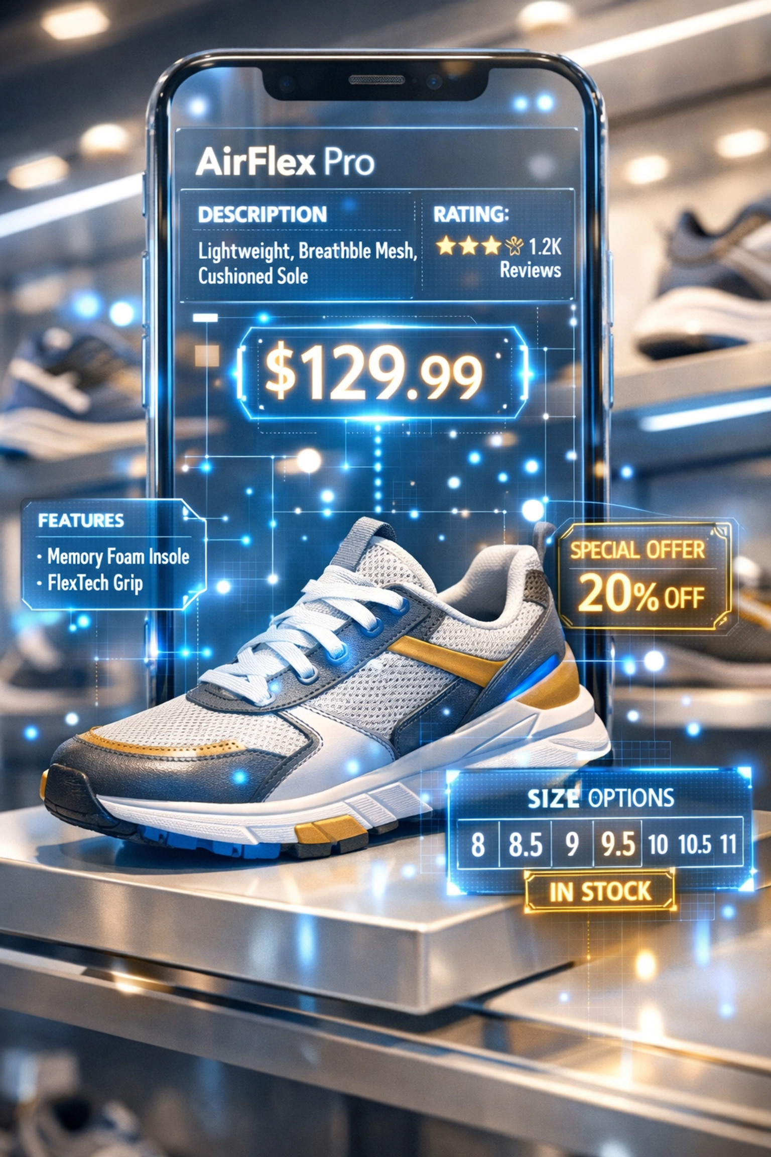 AR smartphone overlay displaying product details and pricing on retail shelf using augmented reality