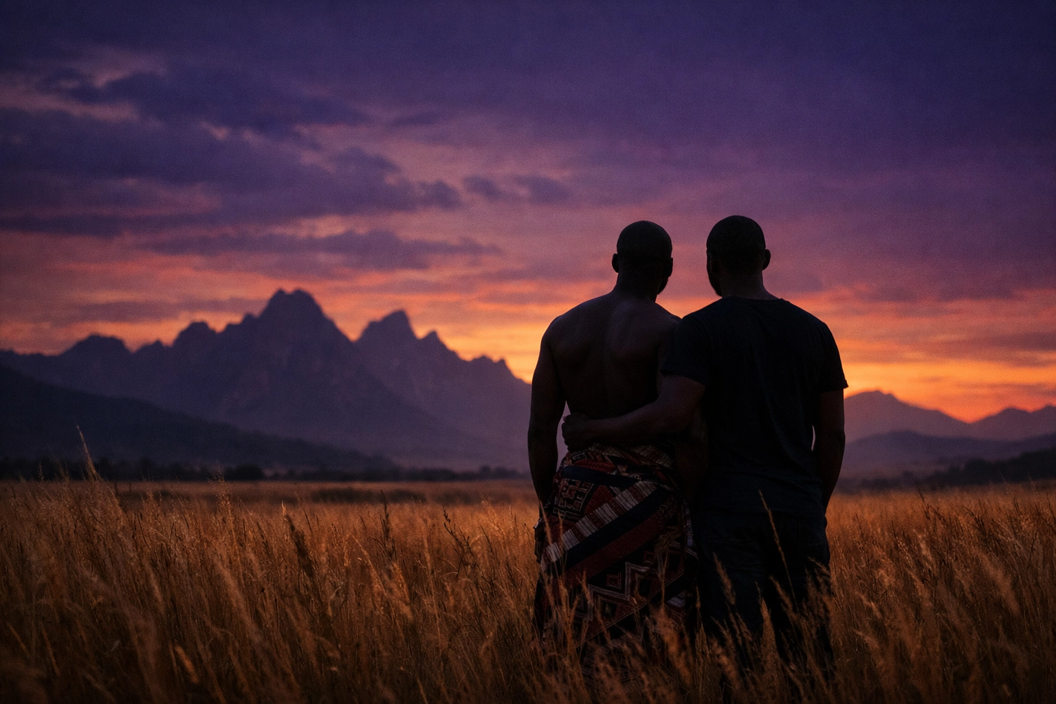 Two South African men standing together at dusk, exploring traditional culture and queer identity.