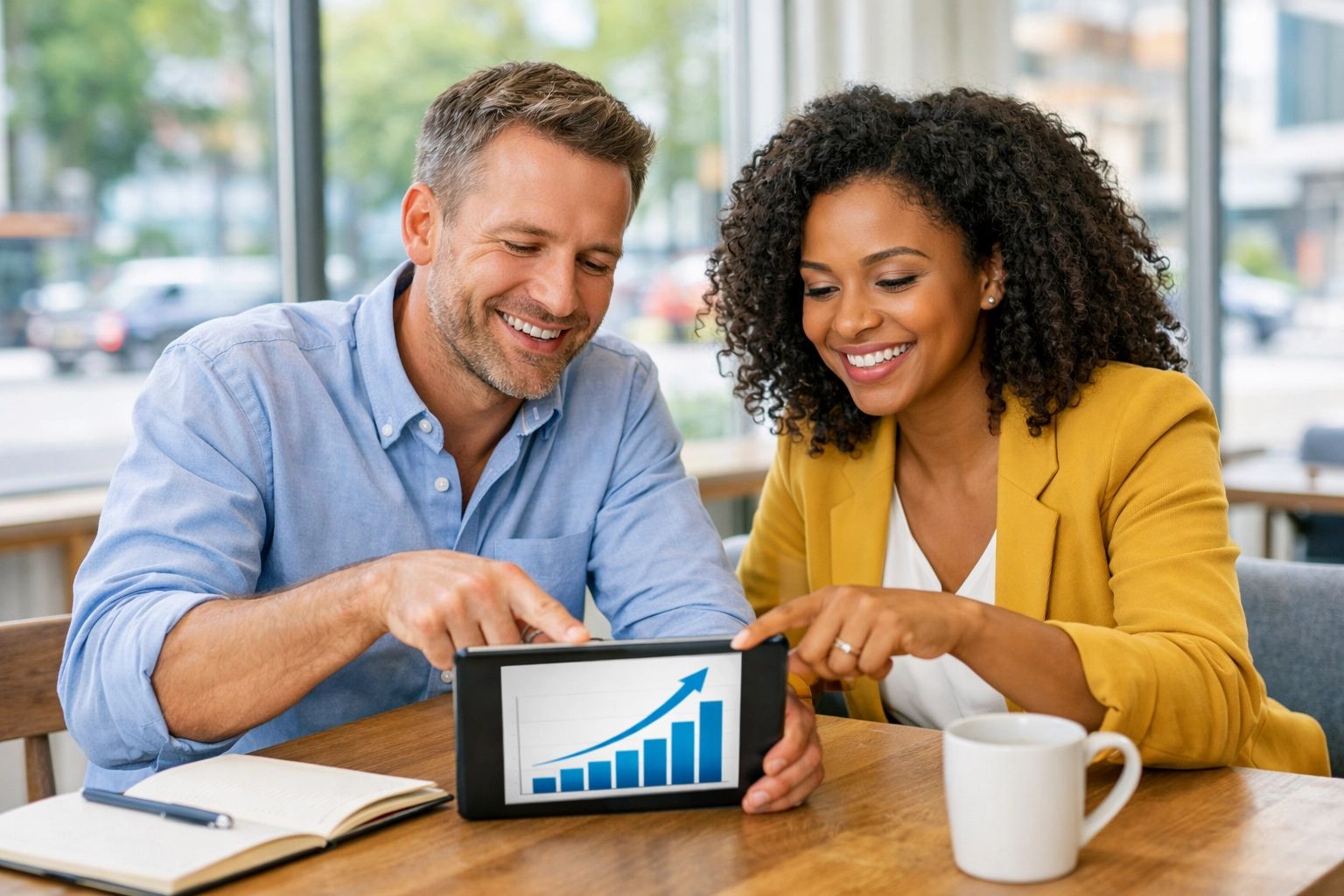 Two business partners reviewing growth data on a tablet while choosing the best pos system.