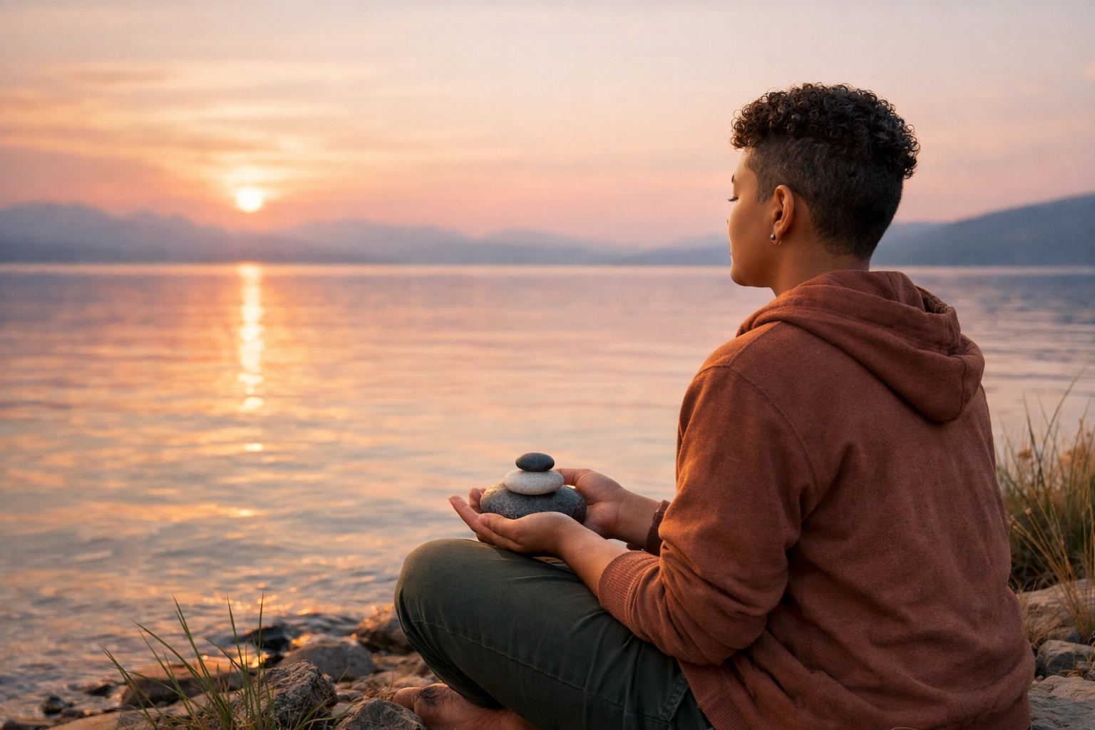 A person practicing a grounding exercise by water while holding smooth stones, reflecting calm resilience supported through autism coaching.