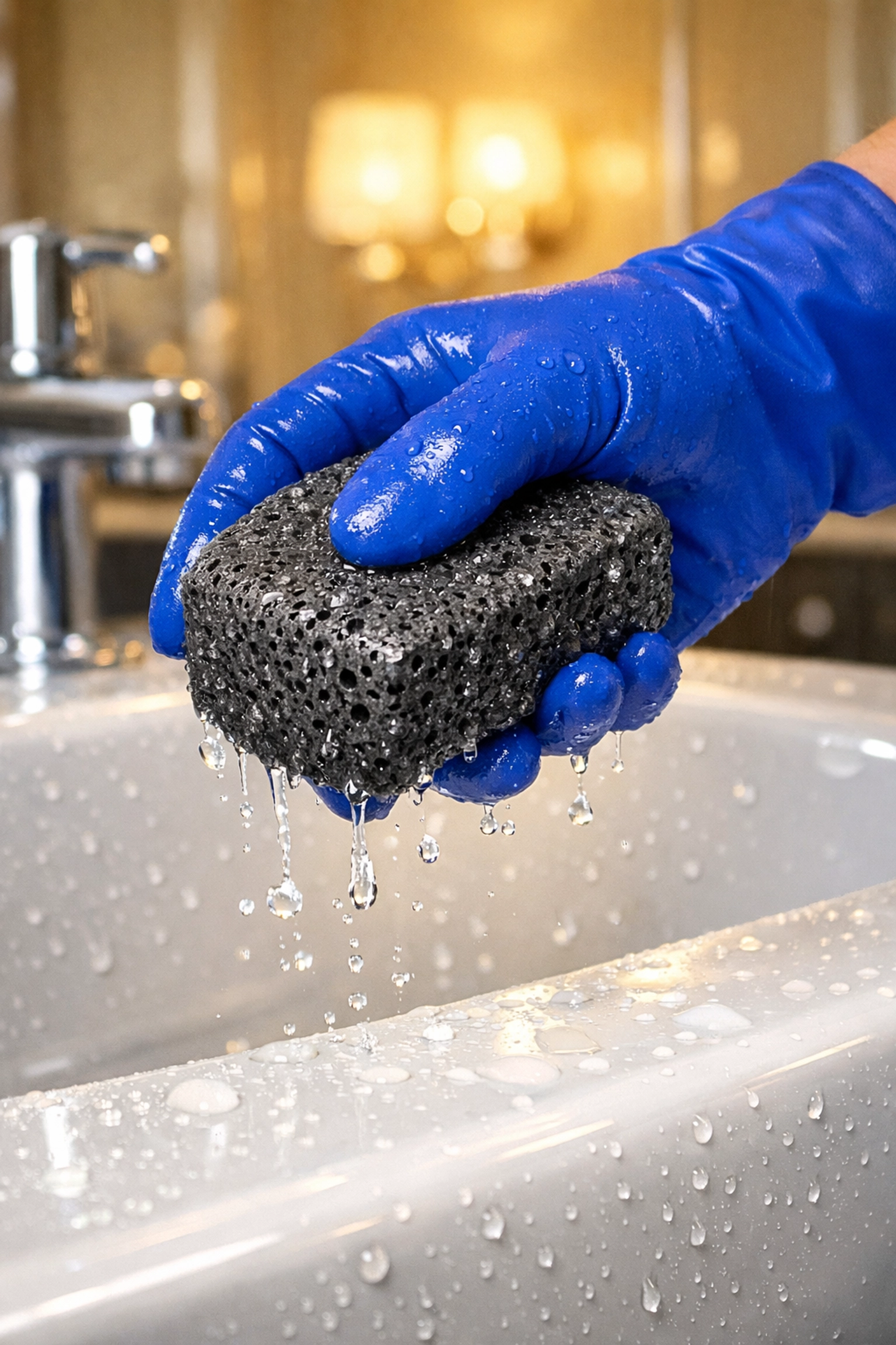 Using a wet pumice stone to clean mineral deposits from a white porcelain toilet.
