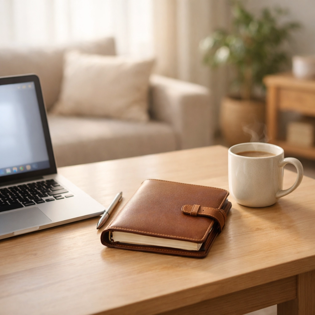 Minimalist home office workspace with a laptop and planner, representing organized business financial reporting.