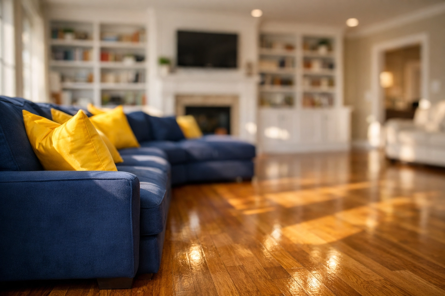 Clean and organized living room in Leominster MA following a professional standard house cleaning.