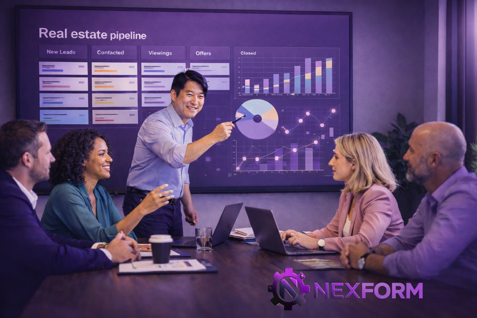 A modern estate agency team collaborating around a screen with a simple pipeline board and charts.