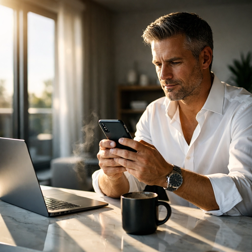 An executive reviewing a recruitment newsletter on a smartphone in a modern, sunlit home office.