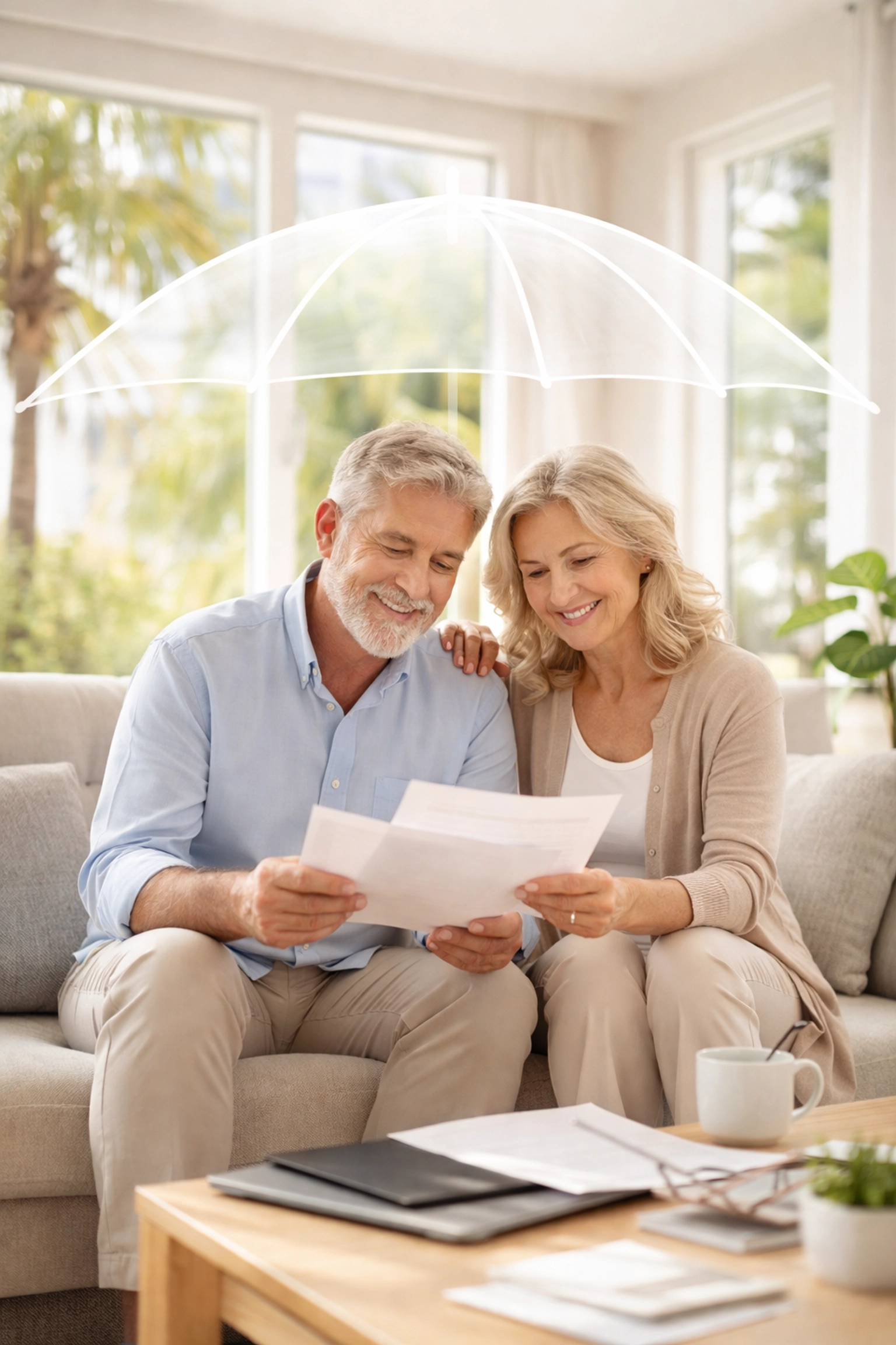 Elderly couple reviewing documents in a bright living room, illustrating long-term care insurance planning in Stuart, FL