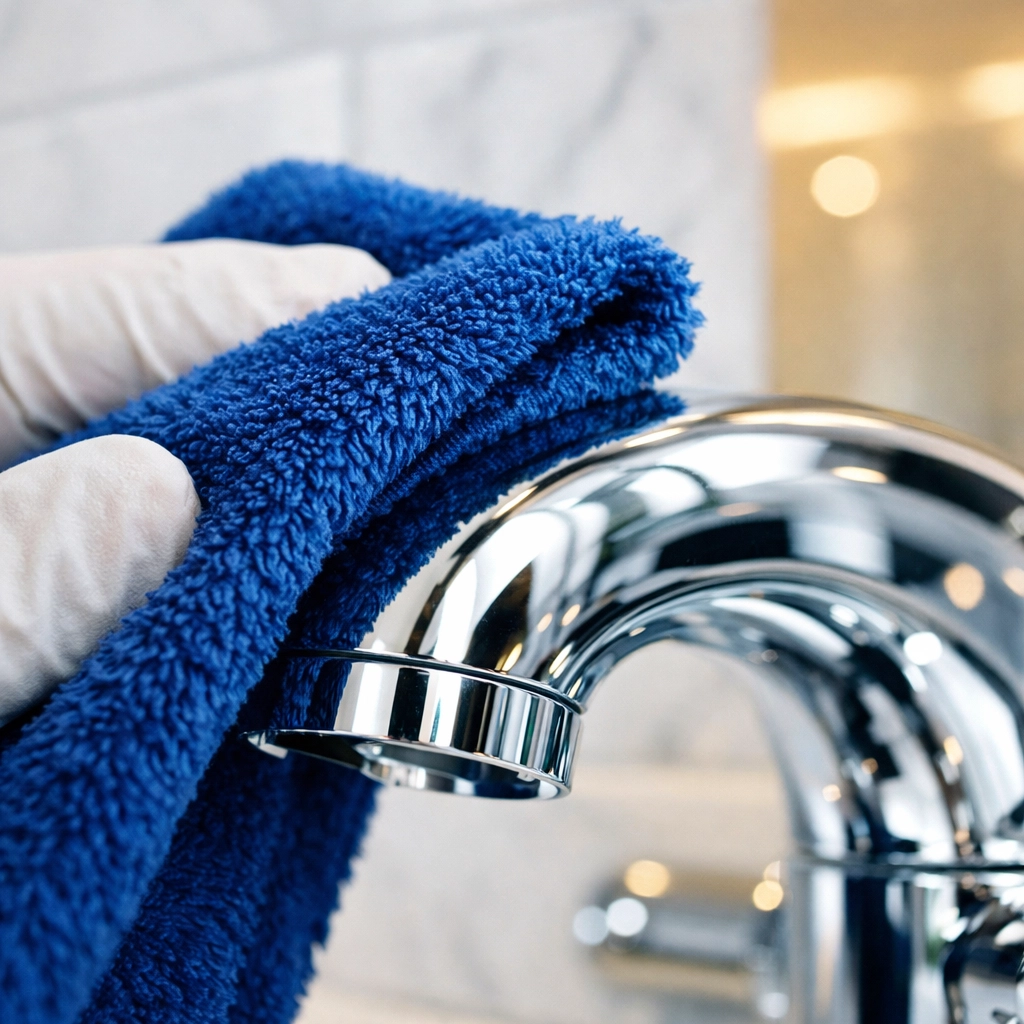 Detail-oriented residential cleaning Massachusetts polishing high-end bathroom fixtures in Dover.