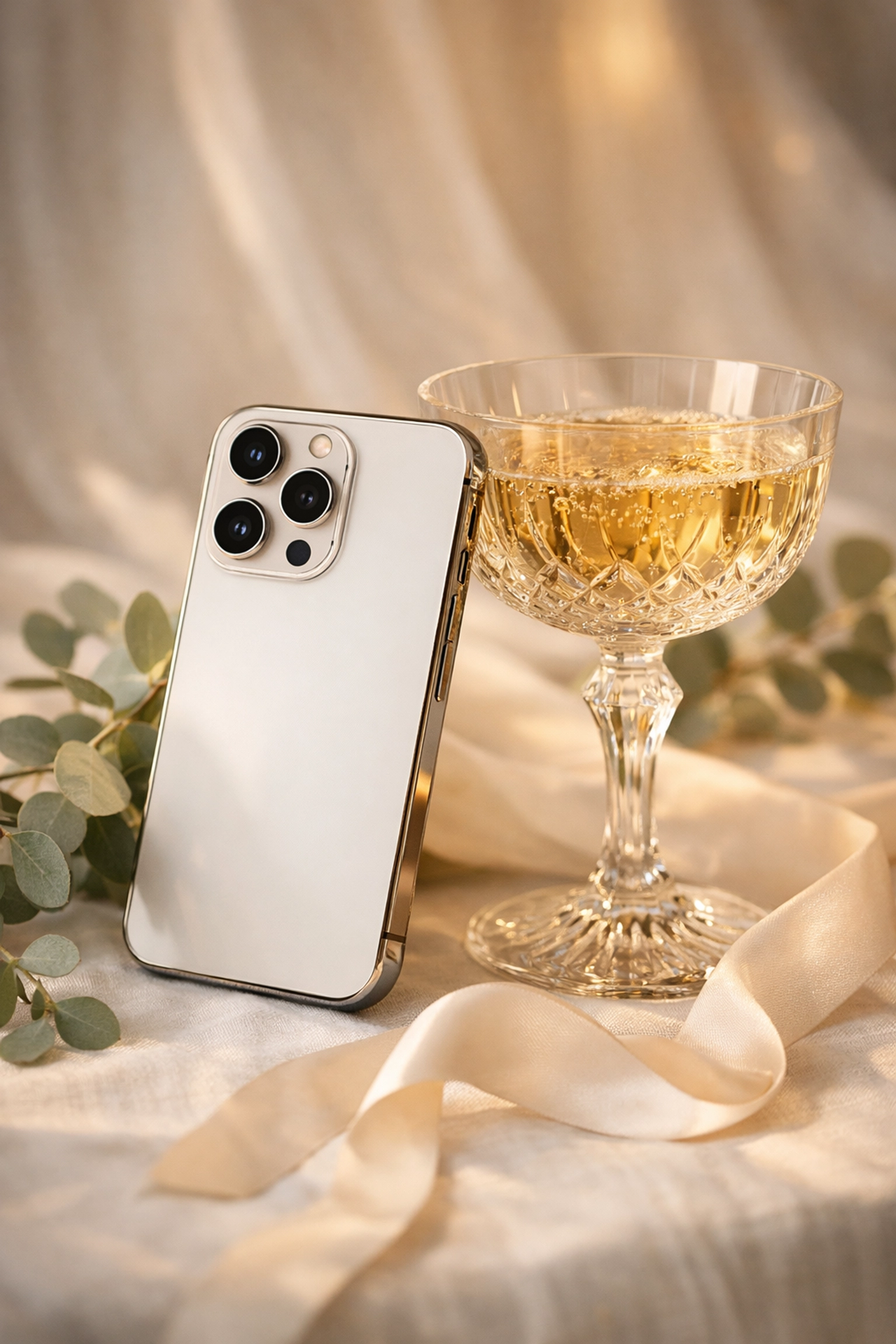 A smartphone showing digital wedding RSVPs next to a champagne glass on an elegant table setting.