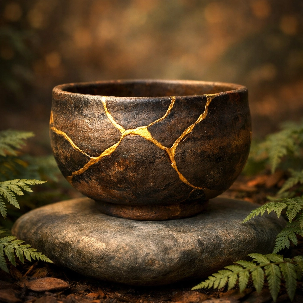 A Kintsugi ceramic bowl with gold repairs, symbolizing healing core wounds and finding beauty in the past.