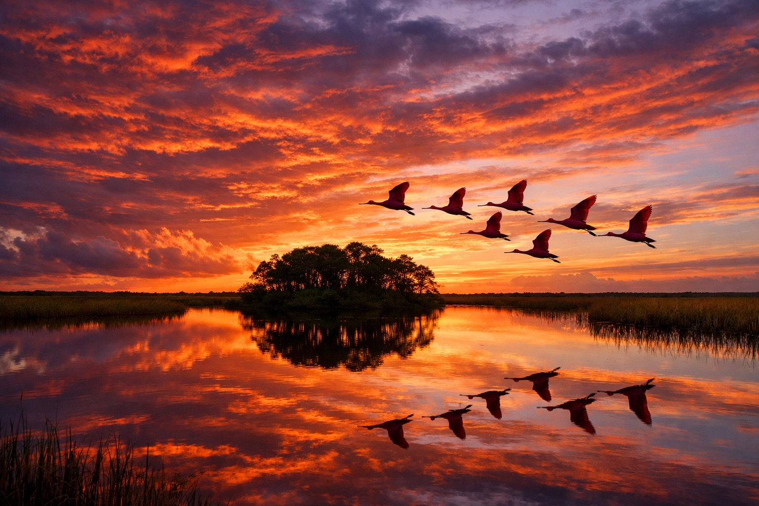 Everglades sunset landscape photography featuring Roseate Spoonbills over the River of Grass.