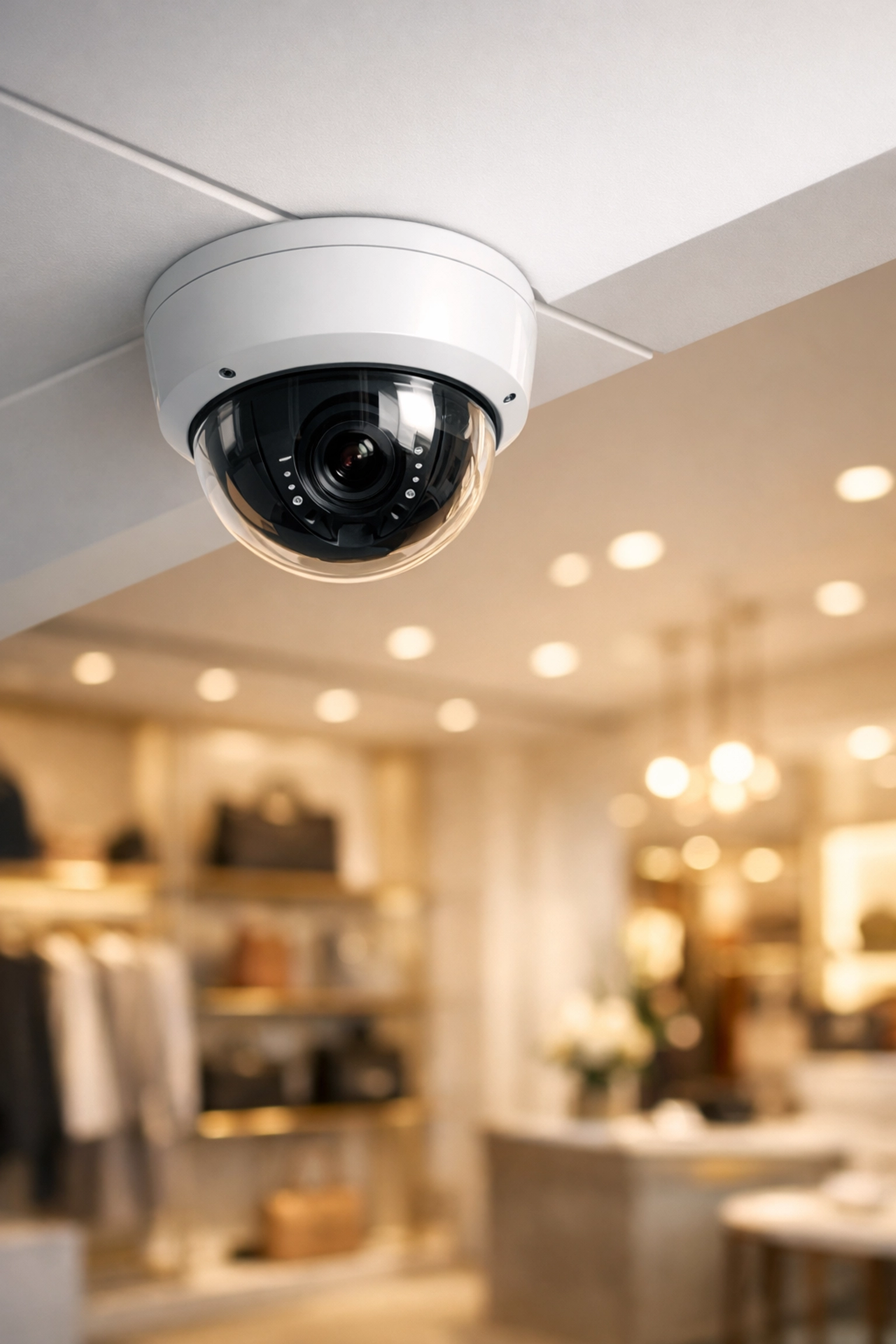 Modern dome security camera installed in a luxury boutique to reduce retail shrinkage.