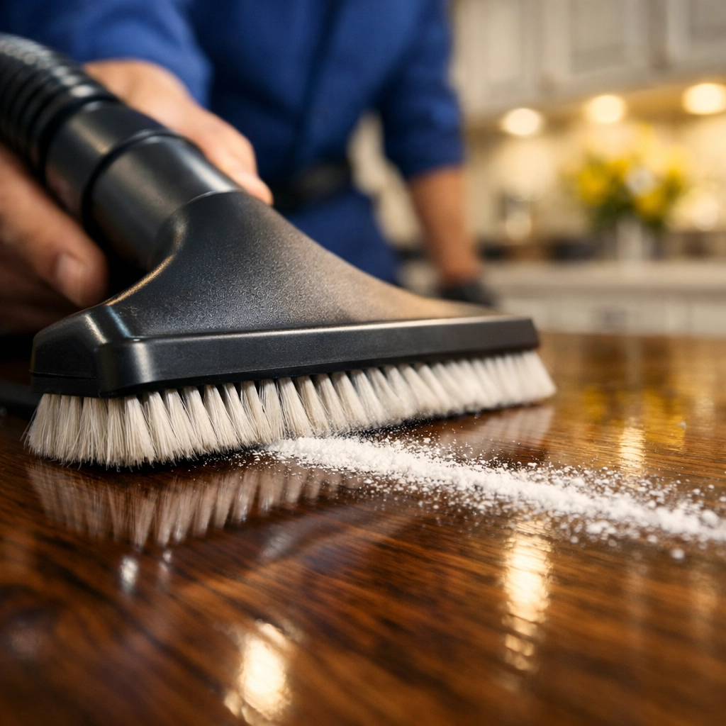 Close-up of a soft-bristle vacuum brush lifting fine drywall dust from brand-new hardwood floors.