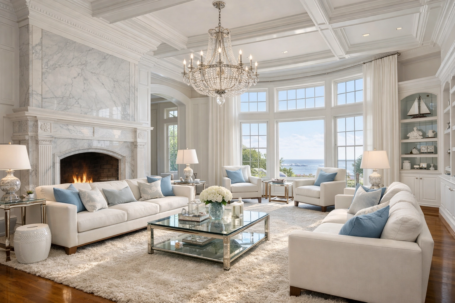 Impeccable grand living room with marble fireplace showing professional Marblehead estate cleaning.