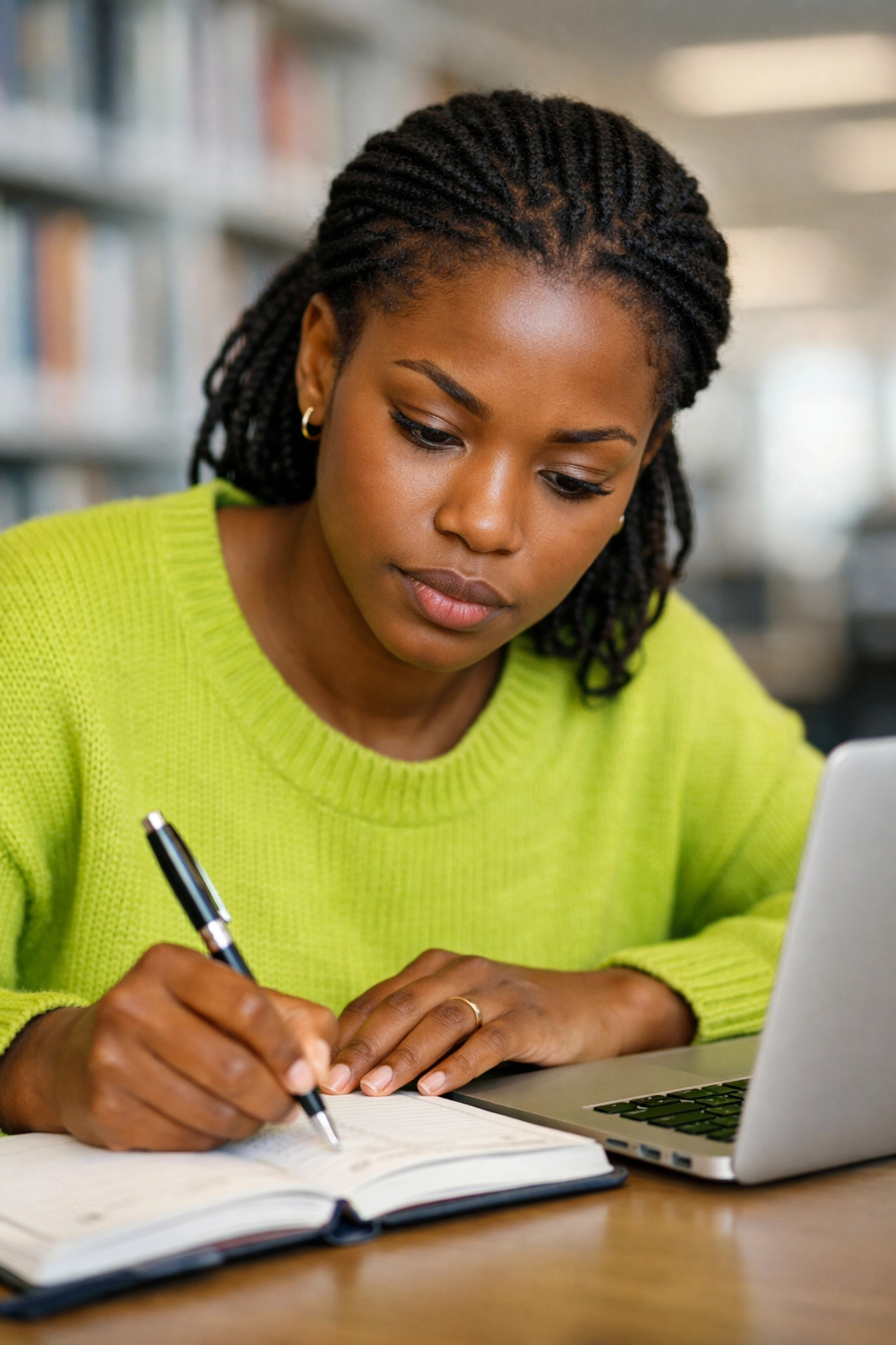 African woman studying in a library to fulfill Nebraska Medicaid school attendance requirements.