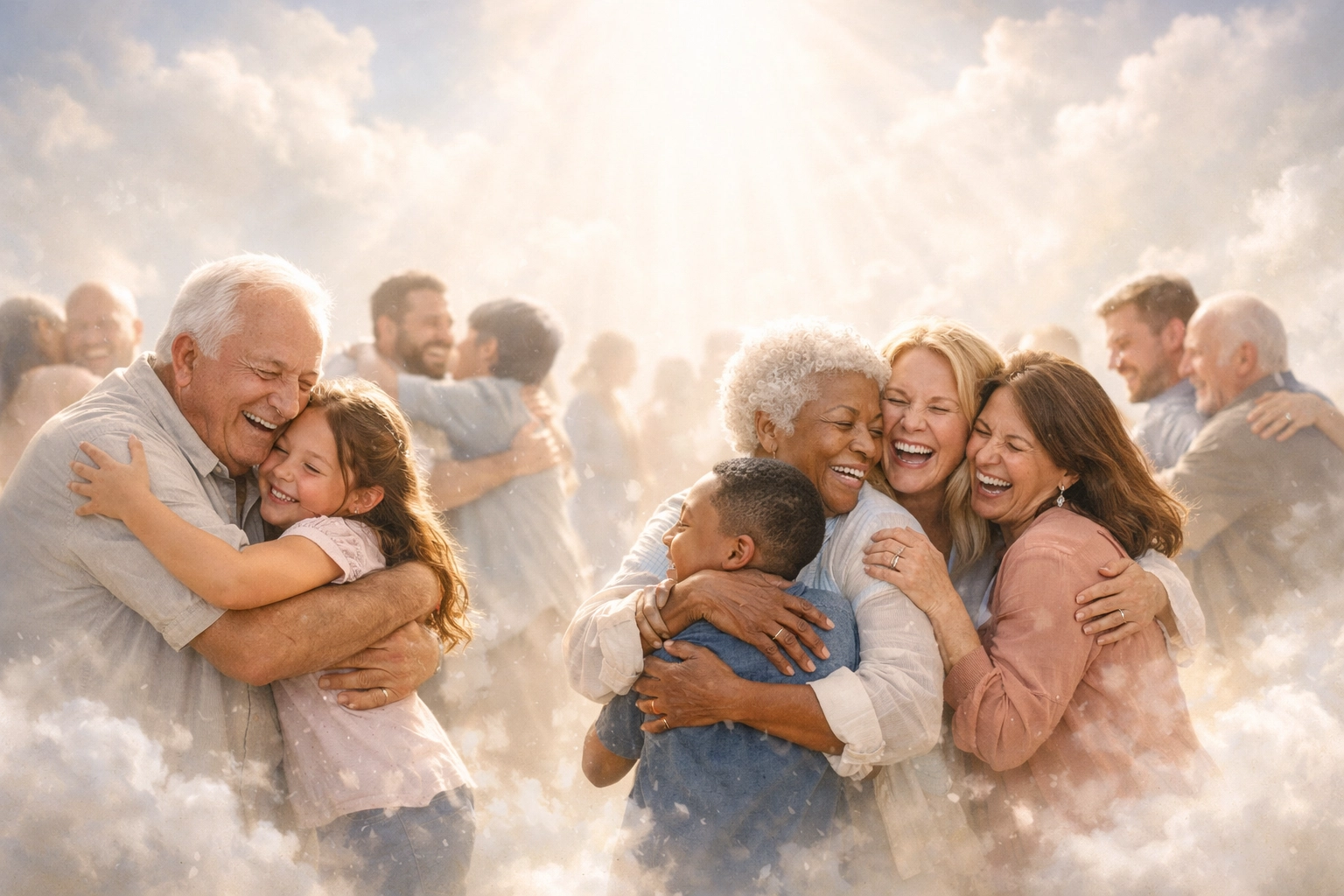 Diverse believers joyfully embracing in heavenly light during the great reunion of the Church.